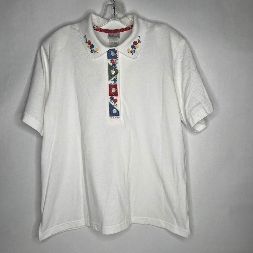 Vintage Koret Francisca XL White Polo Shirt Colorful Floral Trim Retro Blouse